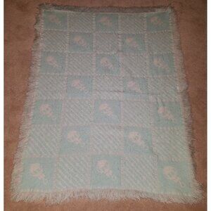 VTG Bright Future Rattles Blue White Knit Baby Blanket Acrylic Fringe 30x40